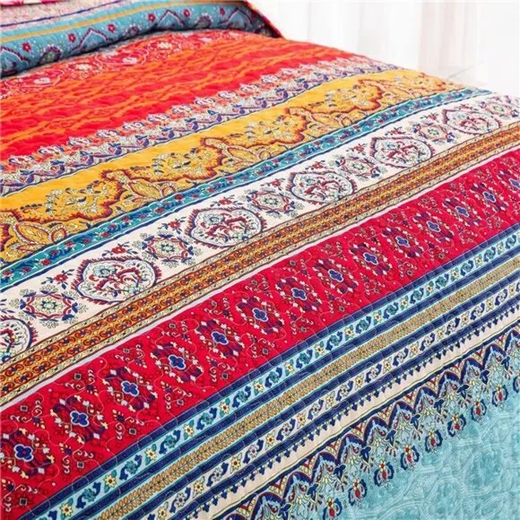 Bohemian Quilt Set King Size, Boho Striped Printed Bedding